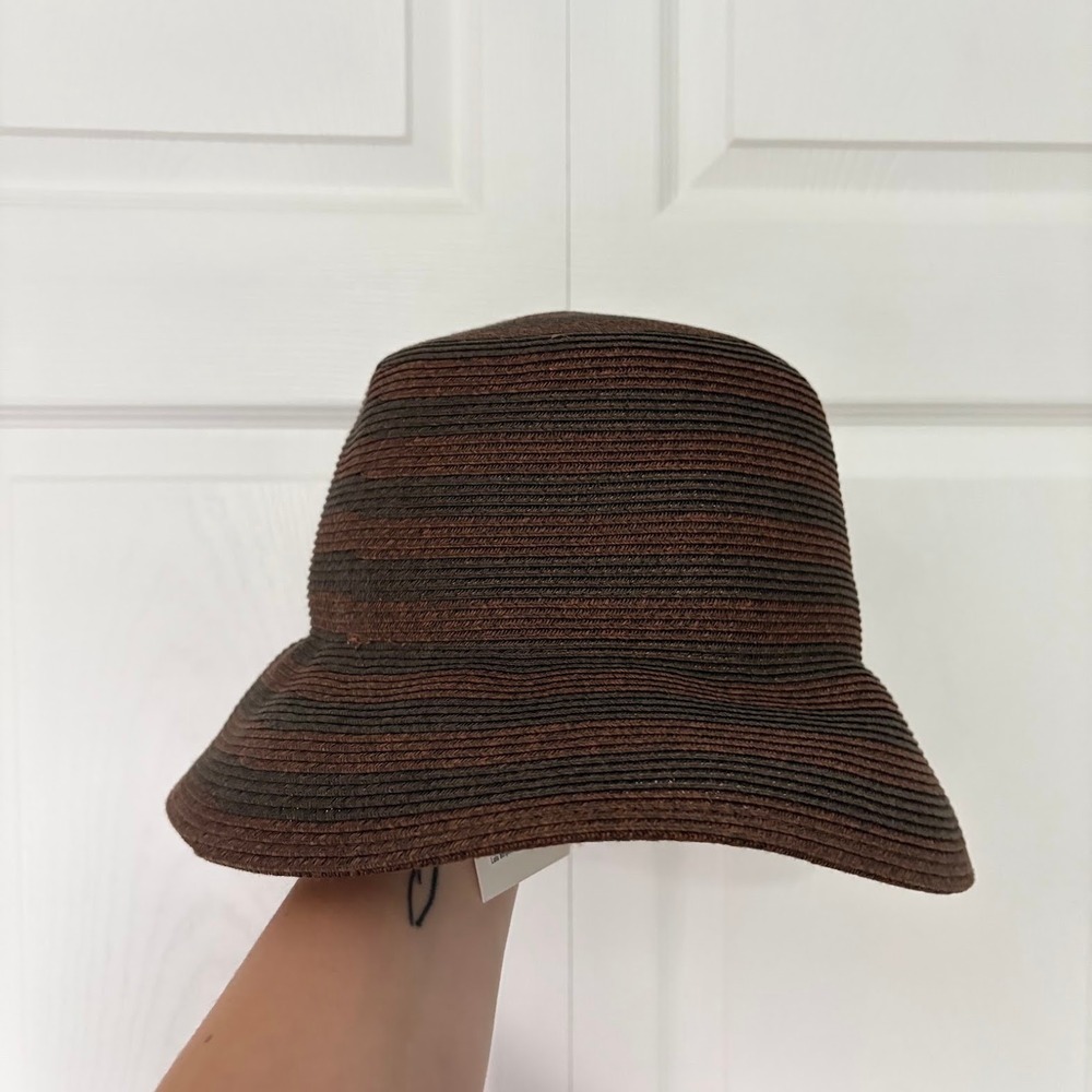 NWT Evereve Lulu Striped Sun Hat Brown Woven Derby Garden Party Quiet Luxury